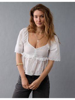 American Eagle - Women White Flutter Sleeve Eyelet Babydoll Crop Top