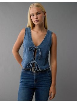 American Eagle - Women Navy Blue Denim Bow Tie Vest Top