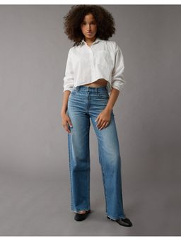 American Eagle - Women Blue Cotton Blend Solid Straight Jeans