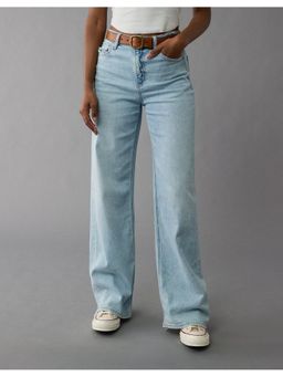American Eagle - Women Blue Cotton Blend Solid Wide Jeans