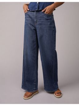 American Eagle - Women Navy Blue Cotton Blend Solid Wide Jeans