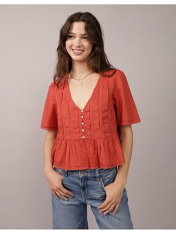 American Eagle - Women Red V-Neck Lace Top