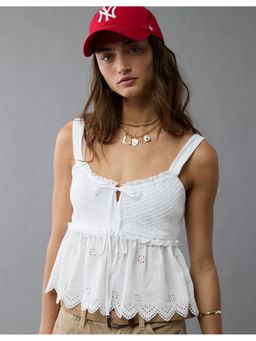 American Eagle - Women White Smocked Tie Front Babydoll Crop Top