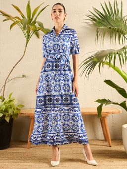 Uptownie - Blue Collar Button Down Printed Shirt Maxi Dress (Set of 2)