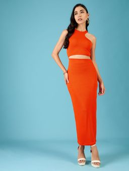 Uptownie - Orange Stretchable Ribbed Cutout Dress