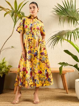 Uptownie - Yellow Printed Shirt Midi Dress