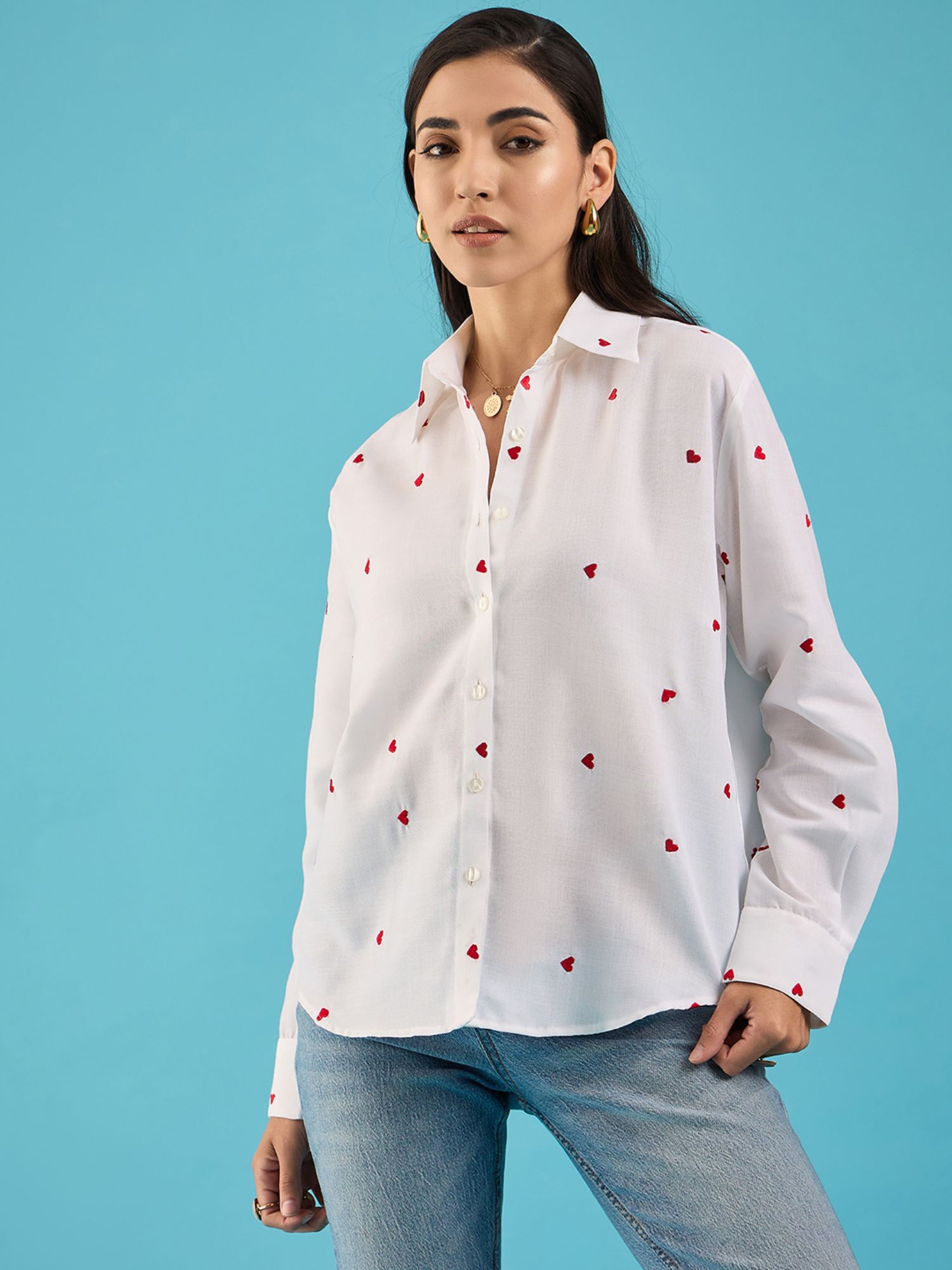 Buy Uptownie Lite White Hearts Embroidered Cotton Shirt (XS) Online