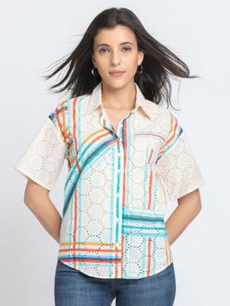 SHAYE - Beige Spread Collar Stripe Print Schiffli Short Sleeves Casual Shirt