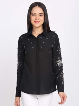 SHAYE - Black Spread Collar Embroidered Full Sleeves Party Shirt