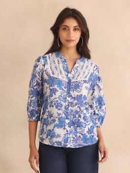 SHAYE - Blue Band Printed Three-Quarter Sleeves Casual Top