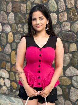 Tandul - Pink Regular Fit Colorblock V-Neck Top