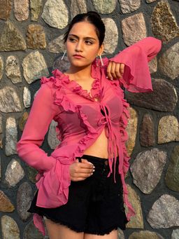 Tandul - Pink Regular Fit Solid/Plain Ruffled Neck Crop Top
