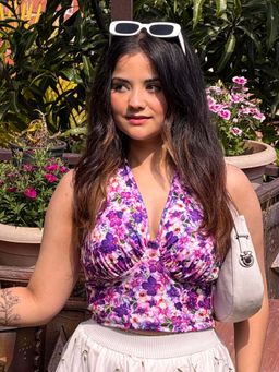 Tandul - Purple Regular Fit Floral Halter Neck Crop Top