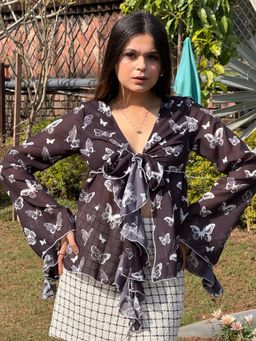 Tandul - Black Regular Fit Printed V-Neck Top