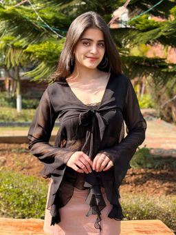 Tandul - Black Regular Fit Solid/Plain V-Neck Top