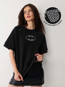 The Souled Store - Official Batman: Black Rhinestone Logo Women Oversized T-Shirt
