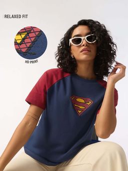 The Souled Store - Official Superman: Navy Blue Retro Logo Women Relaxed Fit T-Shirt