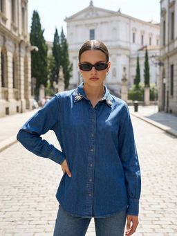 ZUMMER - Blue Regular Fit Embellished/Sequined Collar Neck Shirt