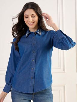 ZUMMER - Blue Regular Fit Embellished/Sequined Collar Neck Shirt