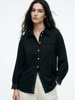 Outzidr - Black Regular Fit Solid/Plain Collar Neck Shirt