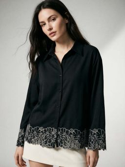 Outzidr - Black Relaxed Fit Floral Collar Neck Shirt