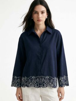 Outzidr - Navy Blue Relaxed Fit Floral Collar Neck Shirt