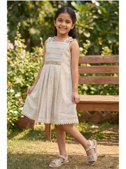 Lagorii - Beige Embroidered Frock With Pleats