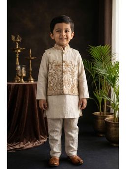Lagorii - Ivory Gold Embroidered Kurta and Pyjama With Jacket