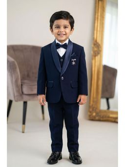 Lagorii - Navy Blue Solid 5-Piece Suit Set With Brooch