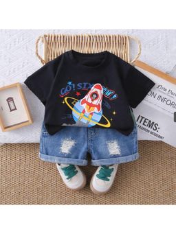 Googo Gaaga - Boys Cotton Black Rocket Printed Half Sleeve T-shirt With Shorts