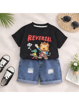 Googo Gaaga - Boys Cotton Lion Printed Half Sleeve Black T-shirt With Shorts