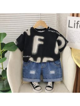 Googo Gaaga - Boys Cotton Printed Half Sleeve Black T-shirt With Shorts