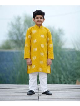 devils n angels - Mustard Elephant Print Cotton Kurta and Pyjama