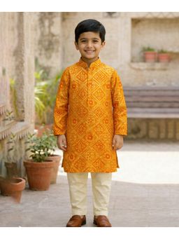 devils n angels - Boys Orange Bandhani Print Kurta and Pyjama