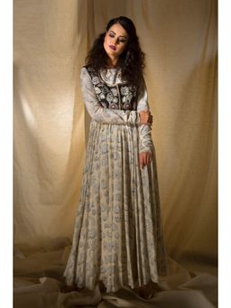 Neha Tarun - Off White Printed Anarkali with Embroidered Short Jacket and Pant (Set of 3)
