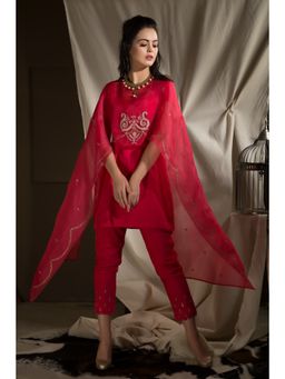 Neha Tarun - Red Short Kurta with Cape and Pant (Set of 3)