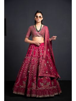 Neha Tarun - Wine Lehenga with Blouse and Dupatta (Set of 3)