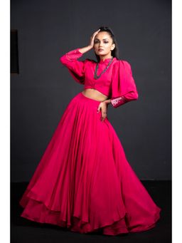 Neha Tarun - Pink Power Shoulder Crop Top with Skirt (Set of 2)