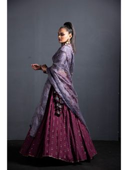Neha Tarun - Wine High Neck Blouse with Lehenga and Dupatta (Set of 3)