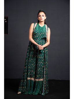 Neha Tarun - Green Layered Top with Sharara and Jacket (Set of 3)