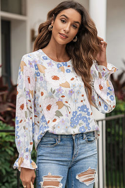 PARTIQ - White Floral Print Sweet Lantern Long Sleeve Top