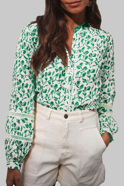PARTIQ - Green Floral Printed Lace Detail Floral Full Sleeve Fall Shirt