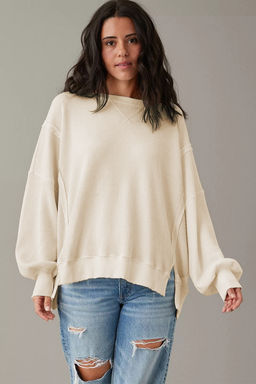 PARTIQ - White Waffle knit Bishop Sleeve Split Oversized Sweater
