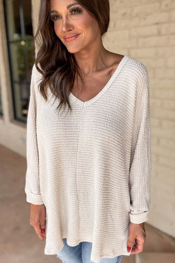 PARTIQ - White Waffle Knit Side Slits Loose Fit V Neck Top