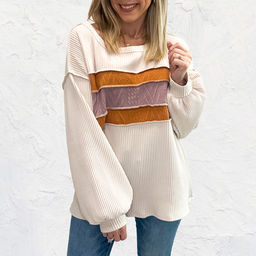 PARTIQ - White Corded Exposed Seam Knit Patchwork Drop Sleeve Top