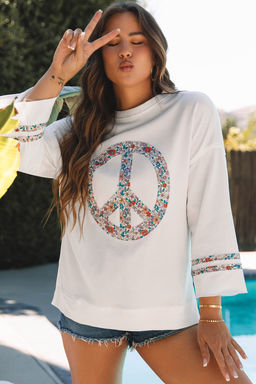 PARTIQ - Jet Stream Floral Peace Sign Graphic Drop Shoulder Wide Sleeve Casual Top