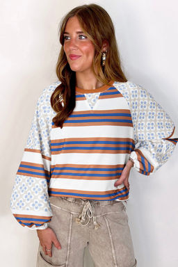 PARTIQ - White Striped Floral Printed Patchwork Lantern Sleeve Blouse