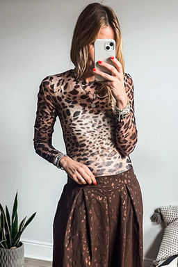PARTIQ - Brown Leopard Round Neck Long Sleeve Slim Top