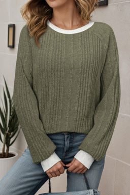 PARTIQ - Moss Green Ribbed Contrast Cuffed Round Neck Long Sleeve T Shirt