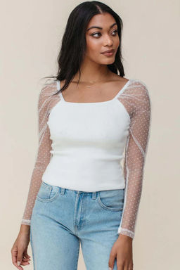 PARTIQ - White Swiss Dot Mesh Long Sleeve Square Neck Slim Top
